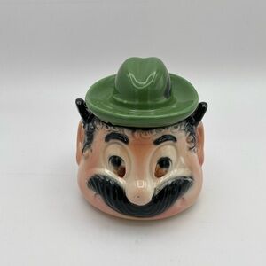 Tilso Japan ceramic mustache Man bowl green hat wire handle vintage 1960’s